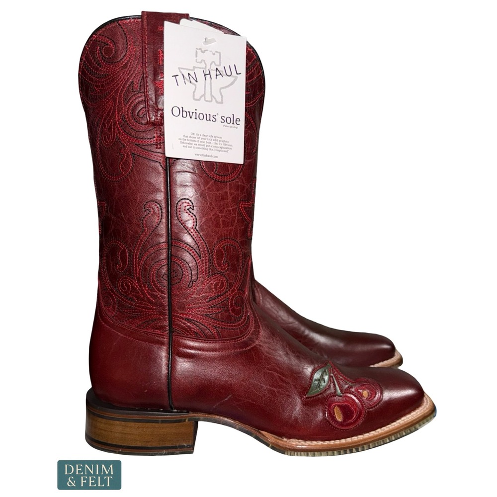 NEW Tin Haul Monster Cherry Broad Square Toe Western Cowboy Boots Skull Sole 8.5 - Picture 6 of 12